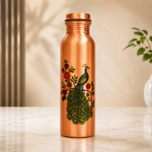 Peacock Print Copper Water Bottle - Peacock Design Copper Water Bottle
