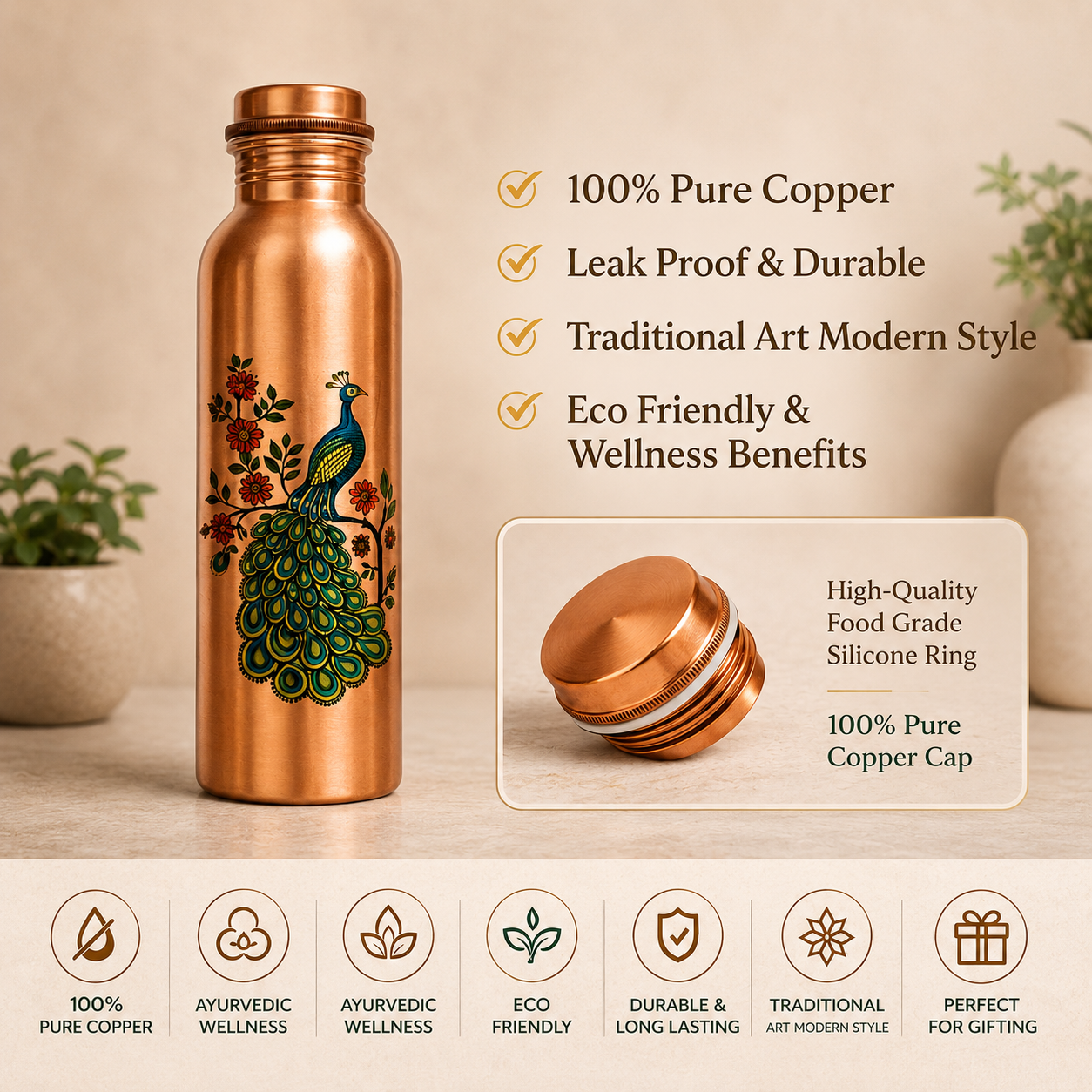 Peacock Print Copper Water Bottle - Peacock Design Copper Water Bottle - Image 2