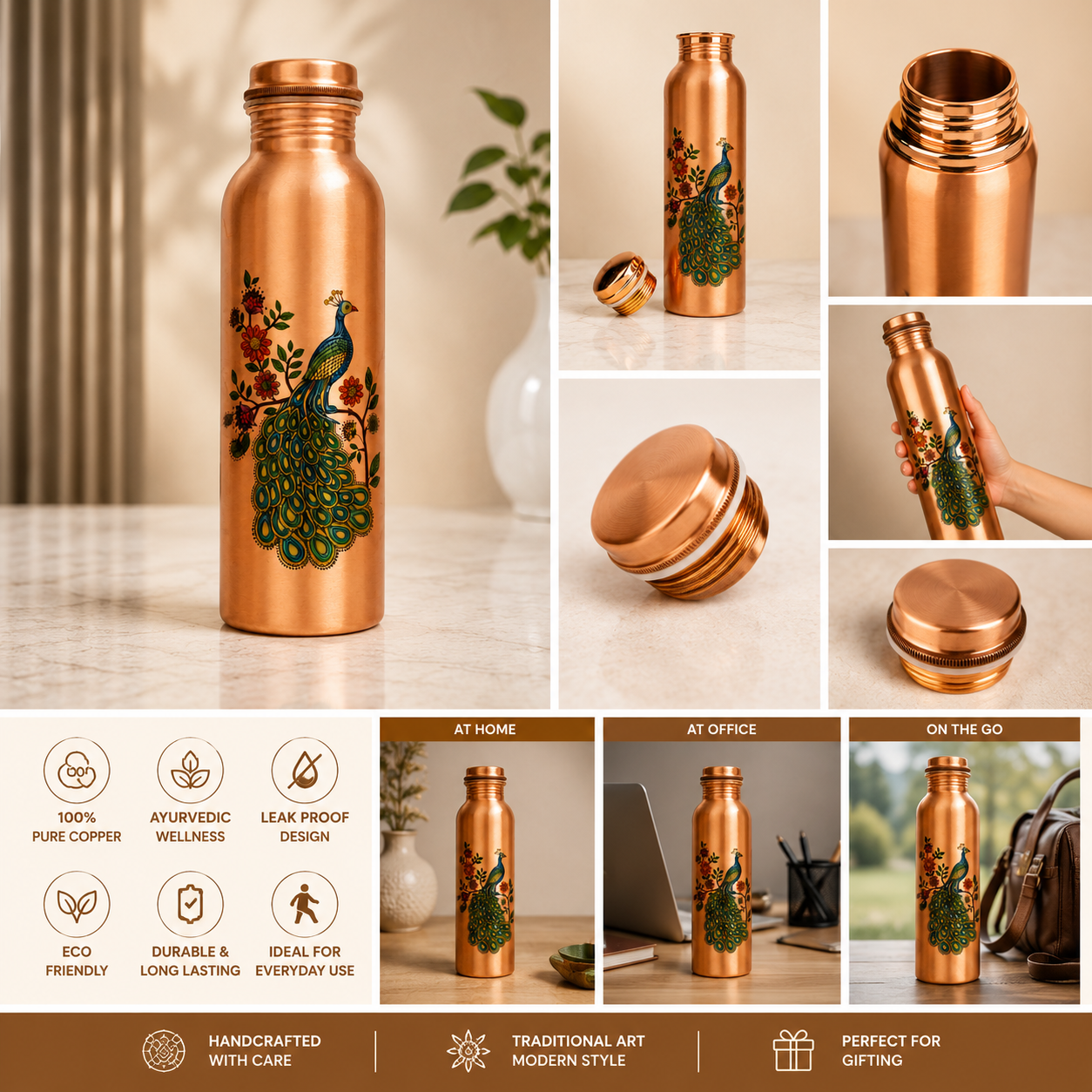 Peacock Print Copper Water Bottle - Peacock Design Copper Water Bottle - Image 3