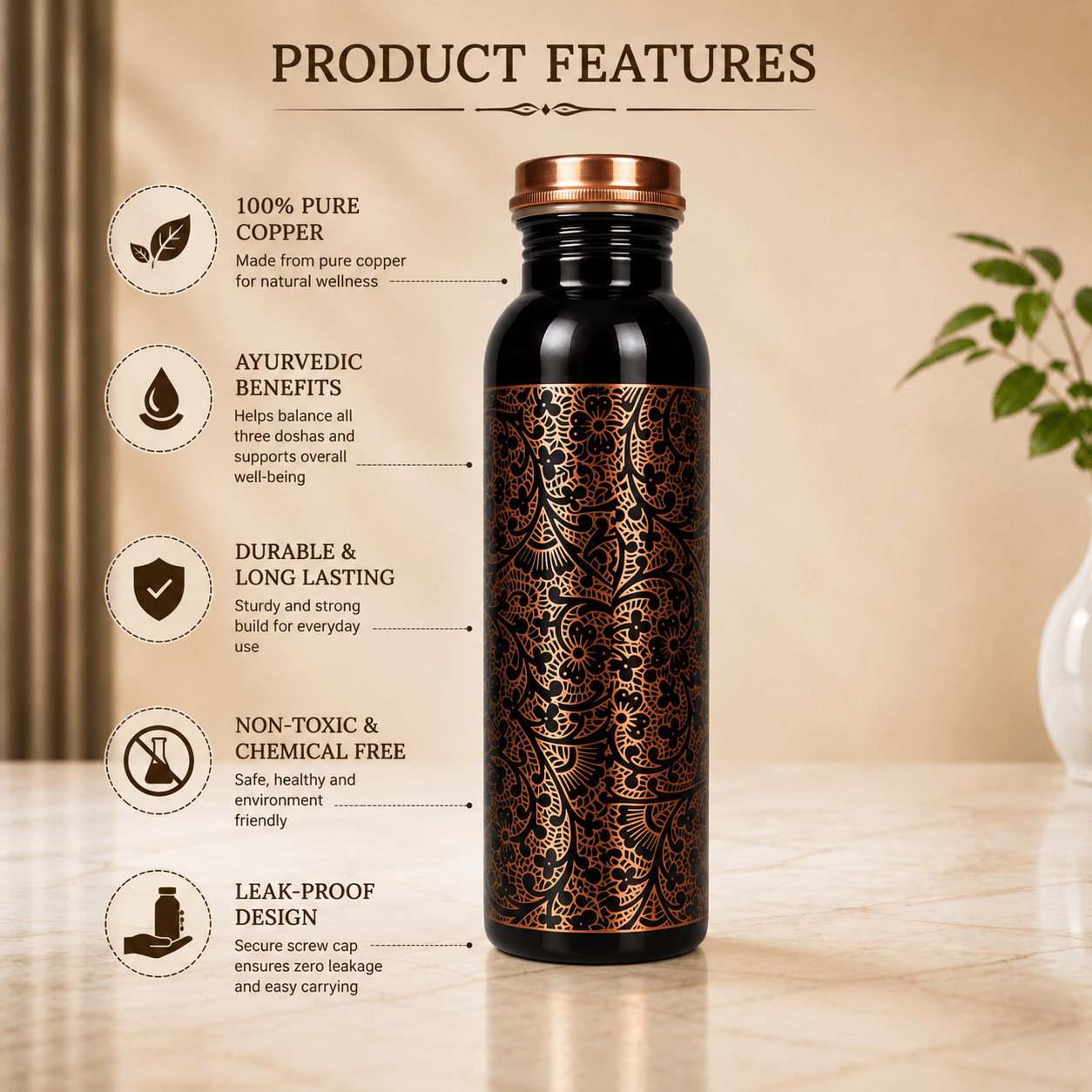 Zapsil Premium Black Engraved Copper Water Bottle