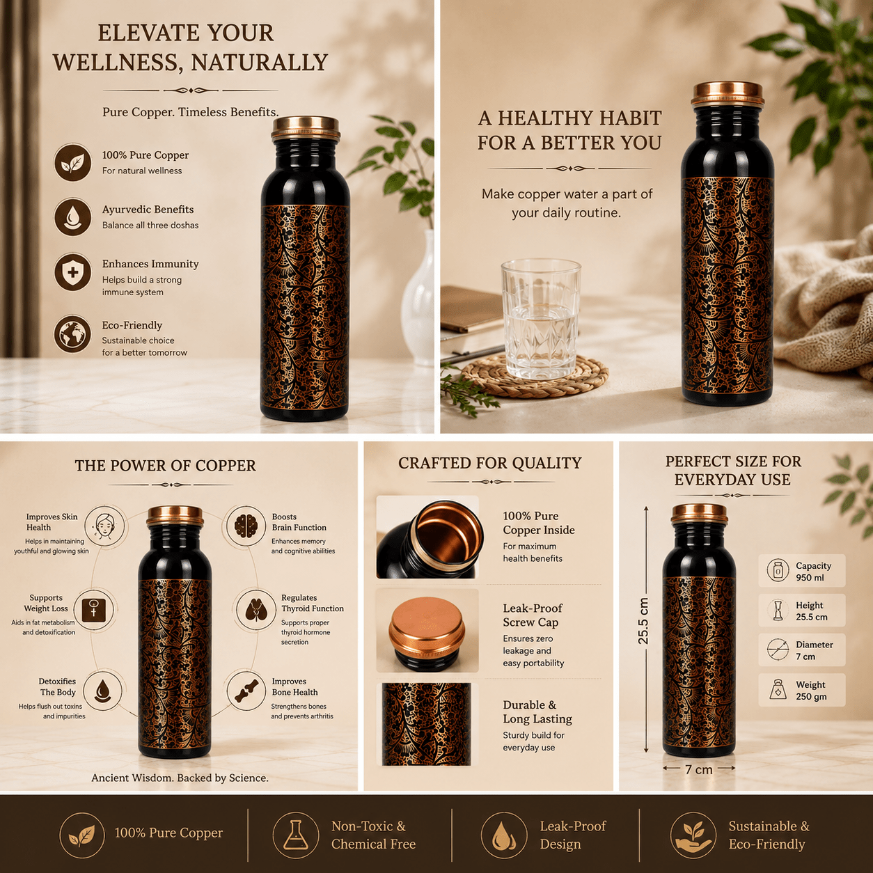 Zapsil Premium Black Engraved Copper Water Bottle