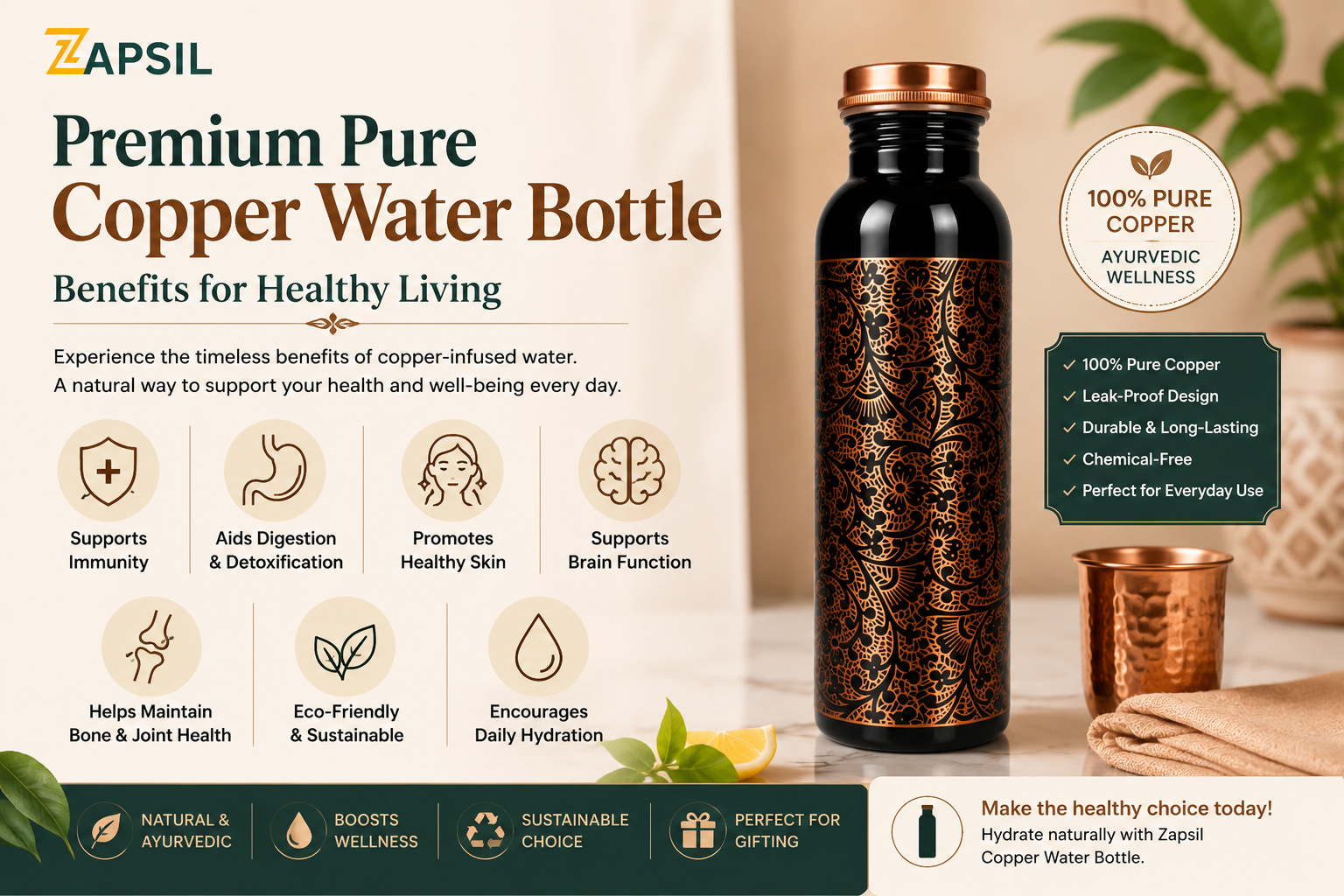 Premium Pure Copper Water Bottle Benefits – Why a Copper Bottle is Essential for Healthy Daily Hydration