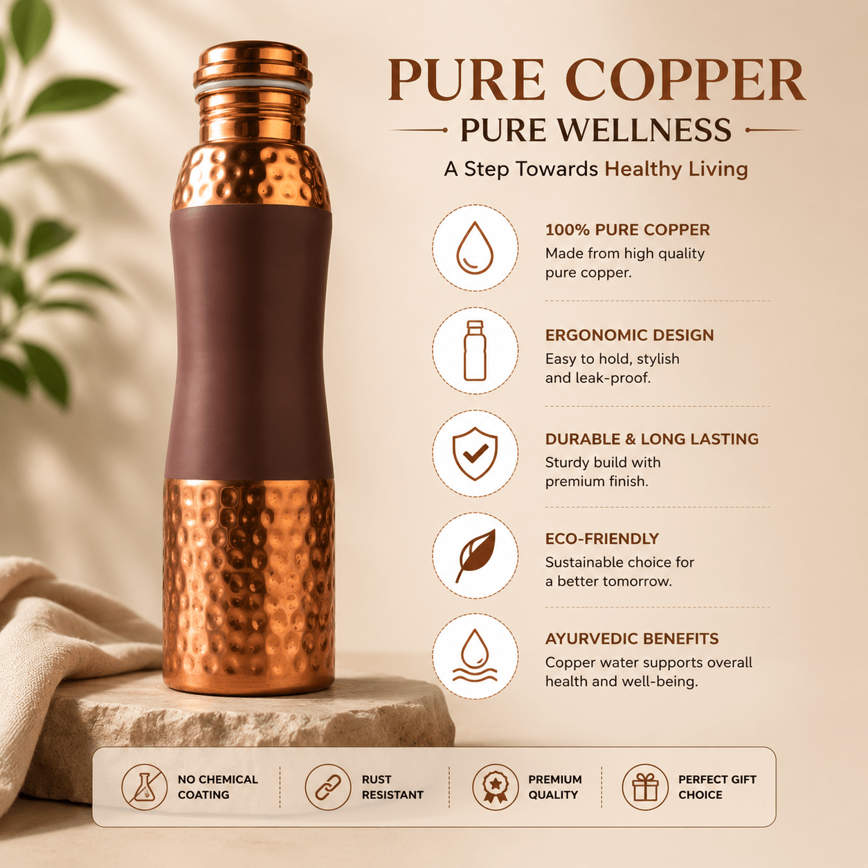 Pure Copper Hammered Water Bottle Gallery Image 2